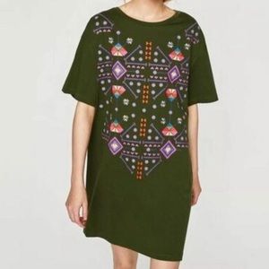 Zara Trafaluc Green Graphic Aztec Southwest Printed Short Sleeve T-Shirt Dress